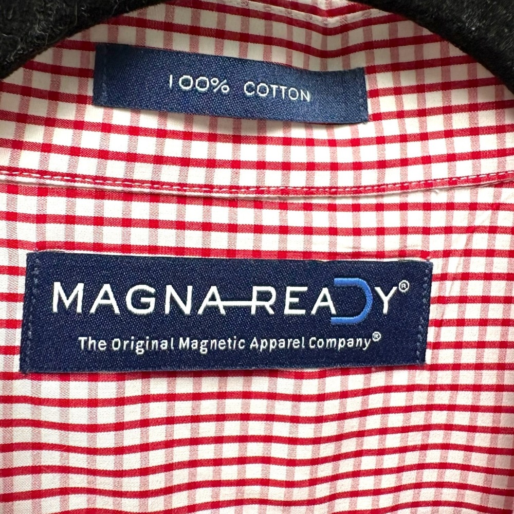 MagnaReady Mens Red Gingham Magnetic Closure Long Sleeve Cotton Shirt Large - Picture 7 of 9